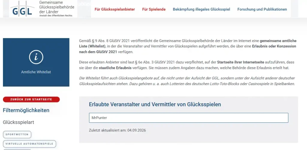 Offizielle GGL-Whitelist mit aktuellem Listenstand