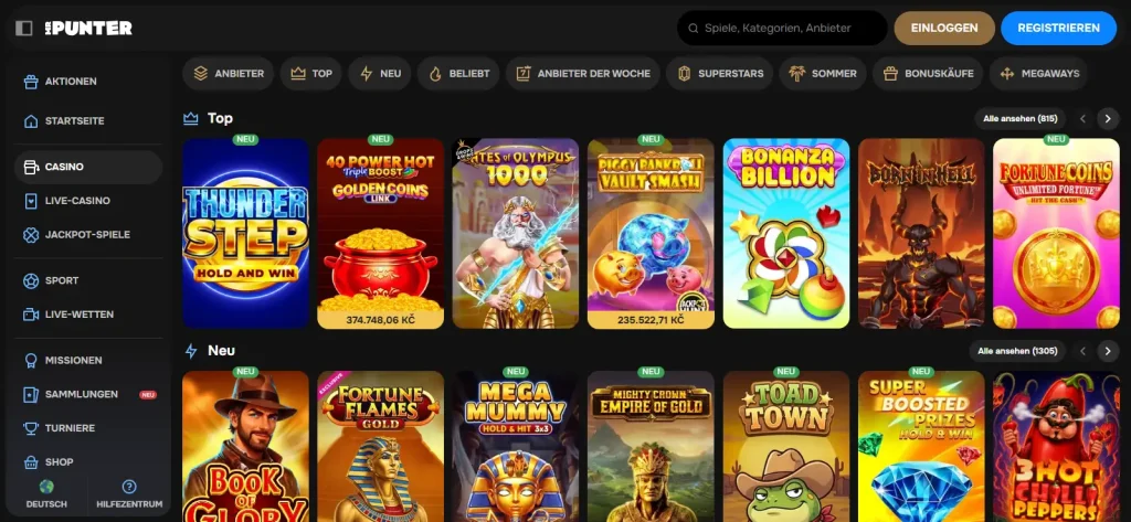 Offizielle MrPunter Games-Seite mit sichtbaren Spielkategorien