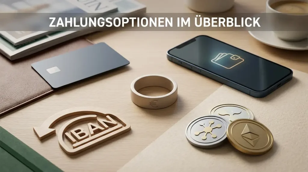 Neutrale Illustration zu Euro-Zahlungen mit Karte, Bank, E-Wallet und Krypto