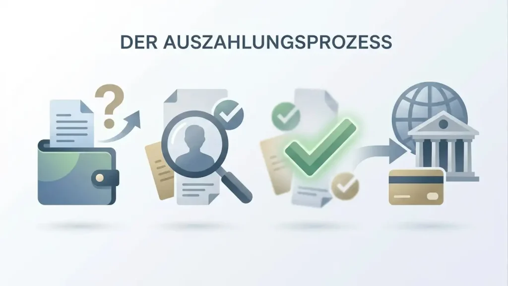 Darstellung eines Auszahlungsablaufs mit Antrag, Prüfung, Freigabe und Zahlungsweg