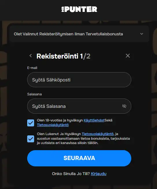 Offizielle MrPunter Registrierungsseite mit Bonusauswahl
